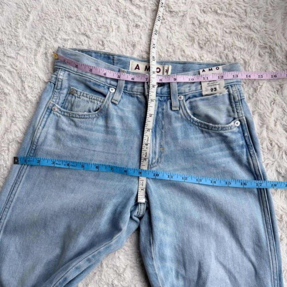 AMO Faith Flare Jeans‎ Light Wash Distressed Ripped Knee Relaxed Fit Mid Rise 23 - Picture 4 of 13